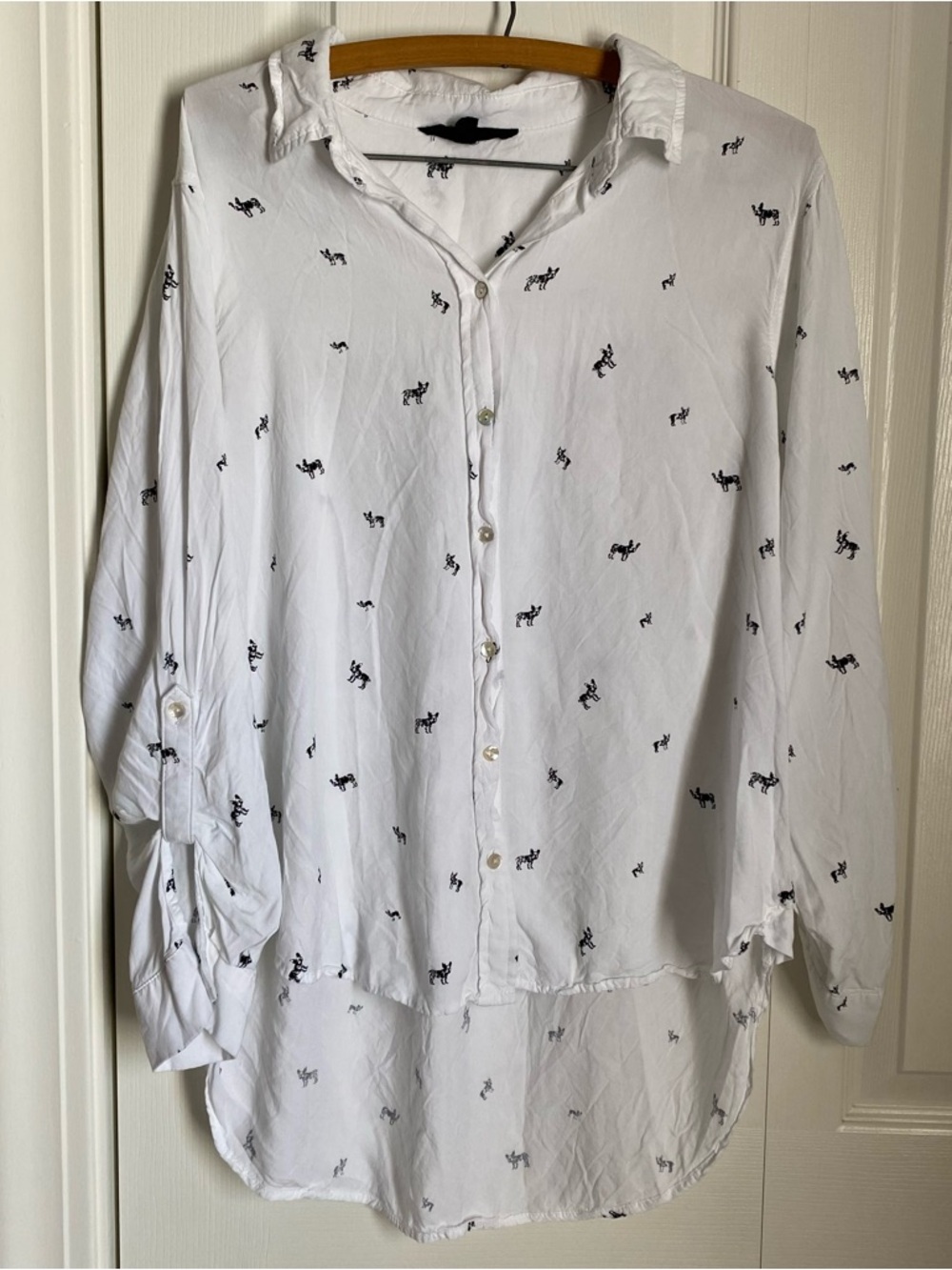 Jane and Delancey White Collard Button Up French Bull Dog Hi Low Blouse Whimsy